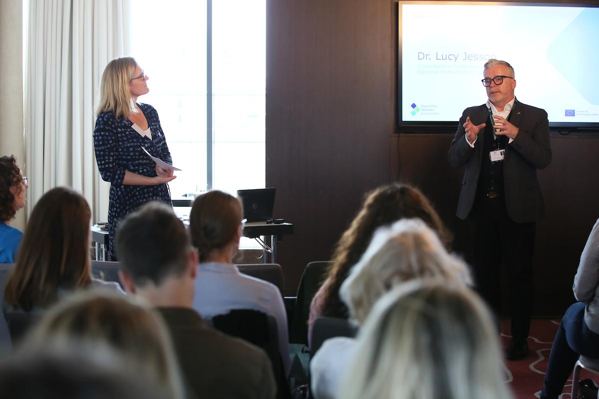 Dr. Margit Aufterbeck and a speaker giving a presentation during the onsite visit in Dublin, Ireland. 